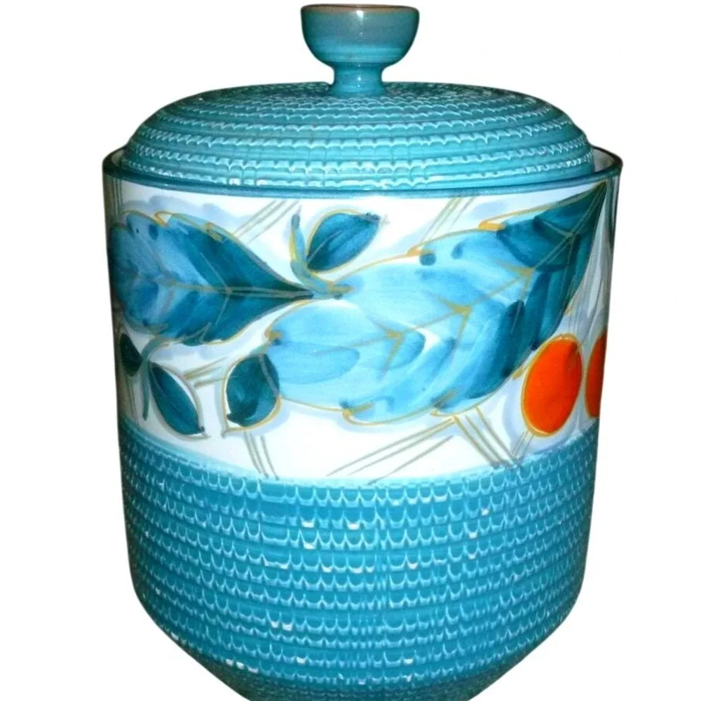 Vintage Fratelli Fanciullacci Italy Turquoise Basketweave Canister‎ MCM Majolica